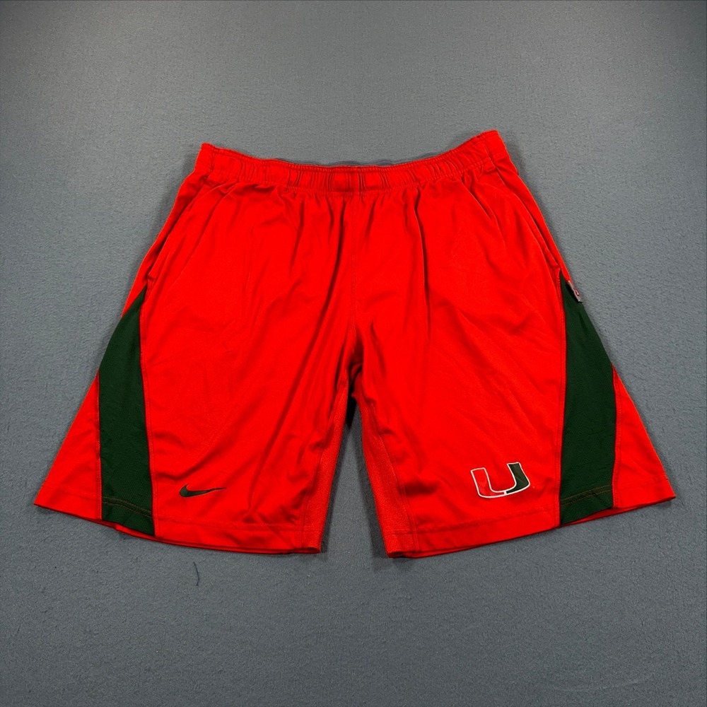 Nike Miami Hurricanes Mens Large Red Green Dri-FIT Athletic Shorts NCAA U Logo